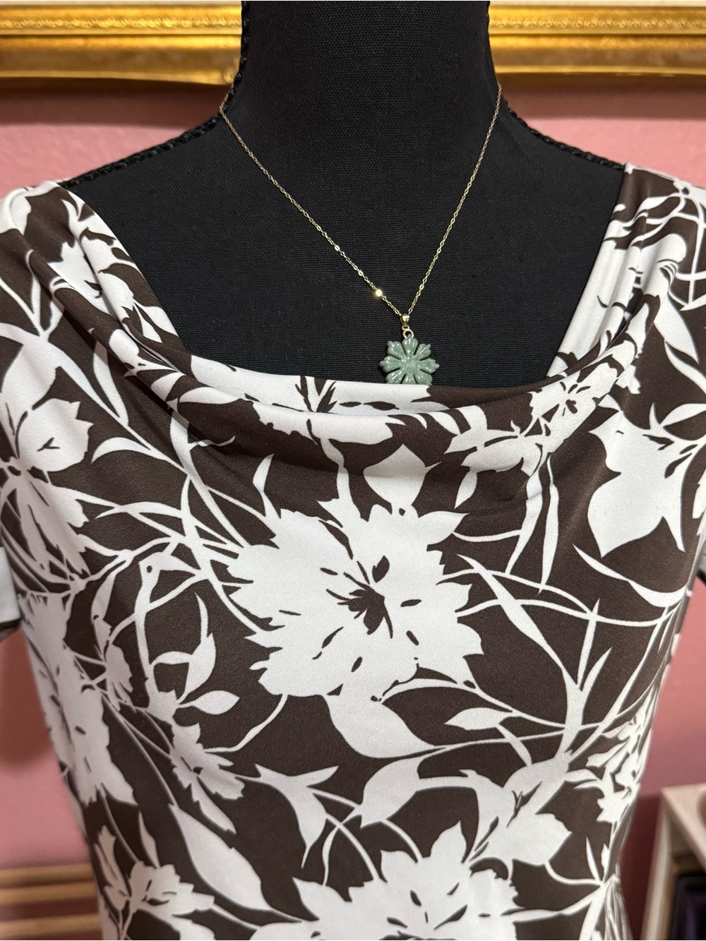 Brown and White Floral Cowl Neck Dress